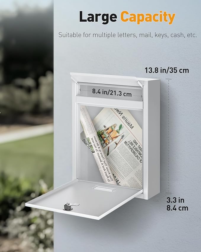 Uniclife Wall Mount Mailbox for Outside, Locking Mail Box, White | Large Mailbox with Key Lock, Security Mail Box for House, Safe Key Drop Box, Steel Cash Drop Box for Home Office School