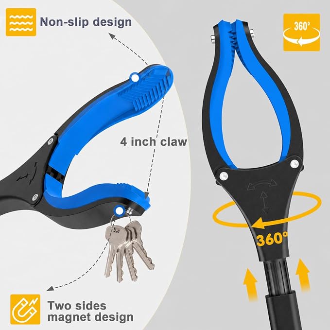 2Pack Extra Long Grabber Reacher Tool，Foldable Trash Pick Up Stick for Seniors with Strong Grip Magnetic，360°Rotating Anti-Slip Jaw 4" Wide Claw Opening,Hand Grabber (YellowBlack+Blueblack, 44INCH)