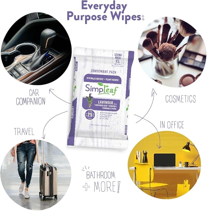Simpleaf Flushable Wet Wipes Lavender| Eco-Friendly, Paraben & Alcohol Free | Hypoallergenic & Safe for Sensitive Skin | Soothing Aloe Formula | (24 x 25 Counts Convenient Pack) 600 Counts Total
