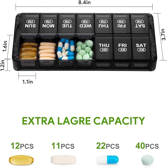 Sukuos Weekly Pill Organizer 7 Day 2 Times a Day, Quick Fill Daily Pill Box (AM PM), Extra Large Pill Cases for Vitamin/Fish Oil/Supplements, Arthritis Friendly, Easy to Clean