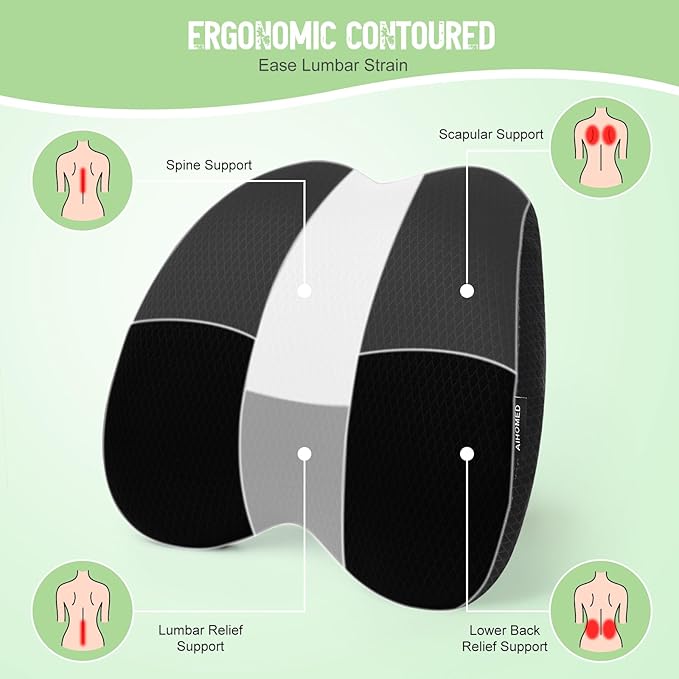 Lumbar Support Pillow Office Chair Car Back Pillow Ergonomic Lower Back Pain Relief Breathable Air Fiber Cushion with Hours Sitting on Worker Driver & Handicapped, Adjustable Strap (Dark Gray)