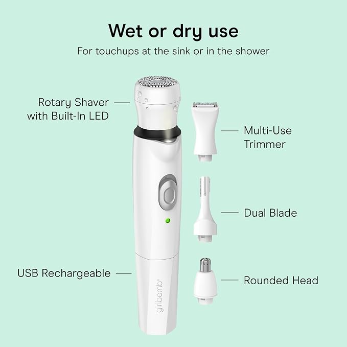 Conair Girlbomb All-in-One Face and Body Trimmer | Rechargeable Wet/Dry Shaver with 4 Attachments for Face, Nose, Brows, and Body, White, GBLT86L