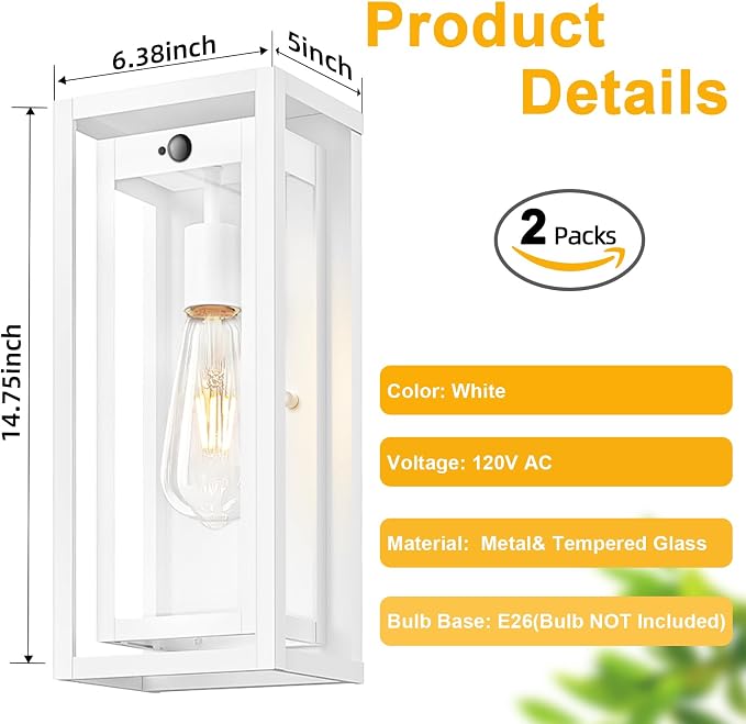 15" Motion Sensor Outdoor Wall Lights, Outdoor Sconces, 2 Pack | Dusk to Dawn, Large Size, Anti-Rust, Waterproof, Easy Installation, White Modern Exterior Lighting Fixtures for House Porch