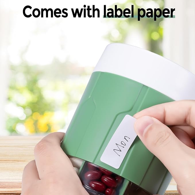 Betife Extra Large Supplement Organizer,Weekly Pill Organizer Bottle, Daily Pill Dispenser with 7 Large Compartments, Organizer to Hold 7 Day Vitamin Medication,21 Labels and a Cleaning Brush（Green）