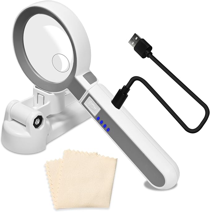 6X Rechargeable Magnifying Glass with 16 LED Light, Foldable Handheld Stand, Lightweight LED Magnifier for Reading Books/Newspaper/Small Print, Gifts for Mom Dad Grandma Grandpa Seniors
