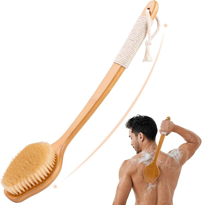 Back Scrubber for Shower，17in Bamboo with Curved Long Handle - Stiff Natural Boar Bristles for Men and Women, Deep Cleansing and Exfoliating, Anti-Slip Grip for Wet or Dry Brushing