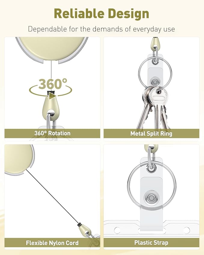 Uniclife 2 Pack Retractable Keychain, Retractable Badge Reel, Heavy Duty Badge Holder Clip for Keys and ID Card, Key Chain Extender with Carabiner Belt Clip and Key Ring, Light Yellow