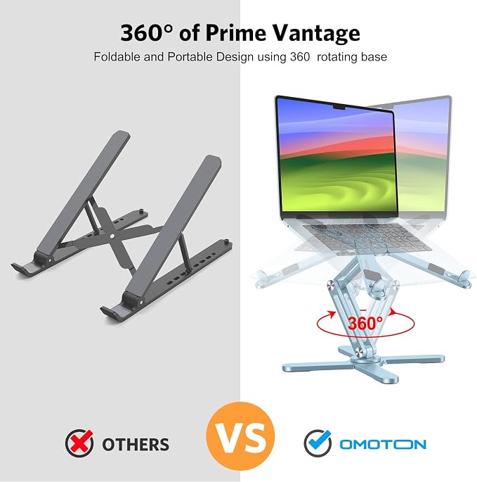 OMOTON LA10 360° Rotating Laptop Stand Riser Foldable for Desk, Sky Blue | Aluminium Aolly, Adjustable Height Angles, Collaborative Work, Easy Storage, Fits Laptops up to 17", for MacBook Pro/Air HP