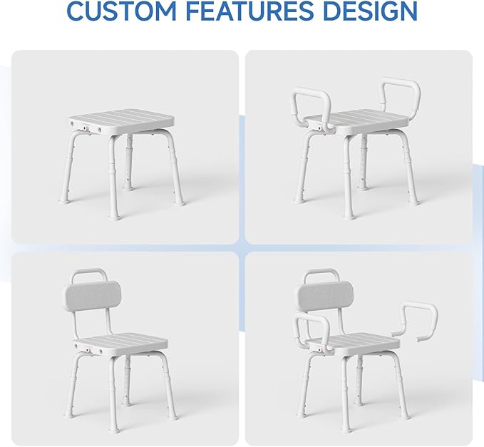 360° Swivel Shower Chair for Inside Shower, Removable Arms & Back, Adjustable Height Rotating Bath Chair for Seniors and Disabled，Tool-Free Assembly，White