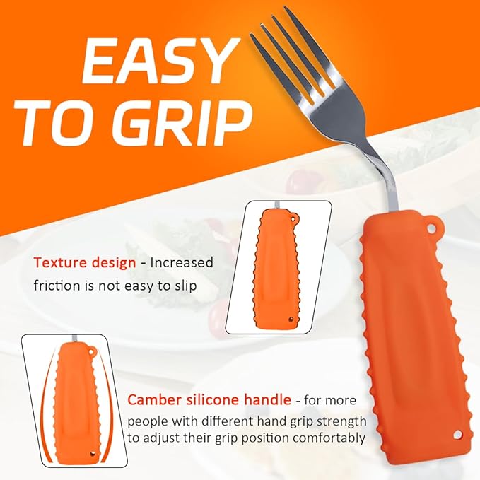Adaptive Utensils,Weighted Utensils Angled Fork,for Tremors Parkinsons Limited or Weak Grasp Elderly,Lightweight Ergonomic Cutlery with Non-Slip Easy Grip Handles(Right Hand,Orange,Pack of 1)