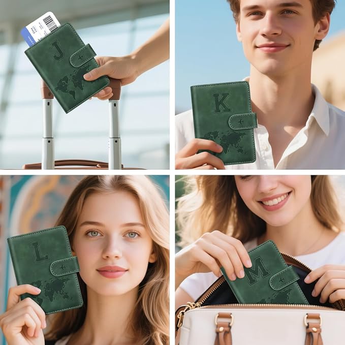 Passport Holder Wallet Cover Personalized Initial Travel Essentials | Embossed Letter A-Z Design, Travel Wallets, RFID Blocking, Passport Book Holders, Women and Men, Personalized Gifts, Green-K