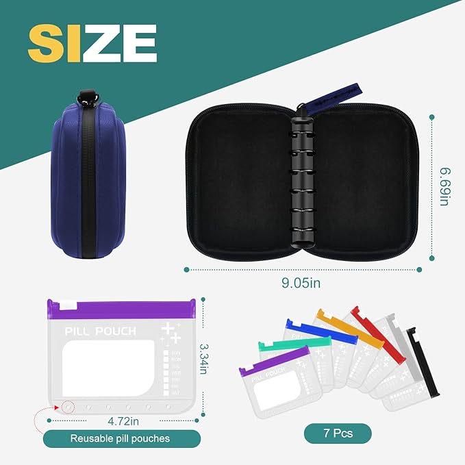A7 Waterproof Pill Organizer with 7 PCS L Size Zippered Pill Pouches for A7 Binder, Large BPA-Free Weekly Medicine Organizer, Color-Coded Reusable Travel Pill Storage System