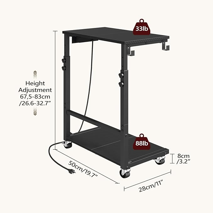 Computer Tower Stand with Power Outlet, Mobile PC Stand for Floor, Height Adjustable PC Holder Cart Under Desk, 26.6"-32.7" H, for Home Office, Gaming Room, Black PCHS215E01