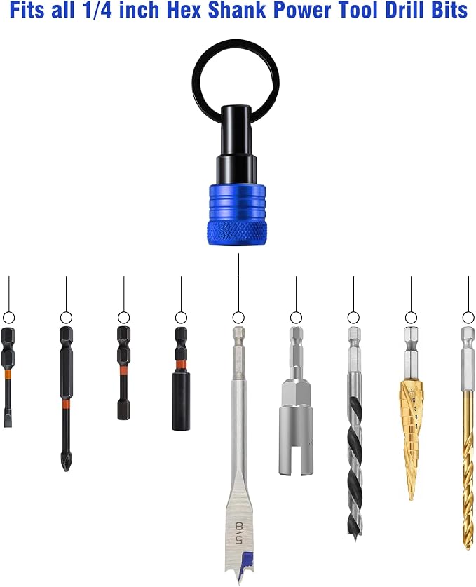 Katerk Bit Holder Keychain 12 Pcs, 1/4-Inch Hex Shank, Quick Release, Blue | Aluminum Alloy, Impact Drivers, Drill Bits, Tool Belt Use, Carabiner Clip, One-Handed Operation, Ball Lock, Compact Organizer