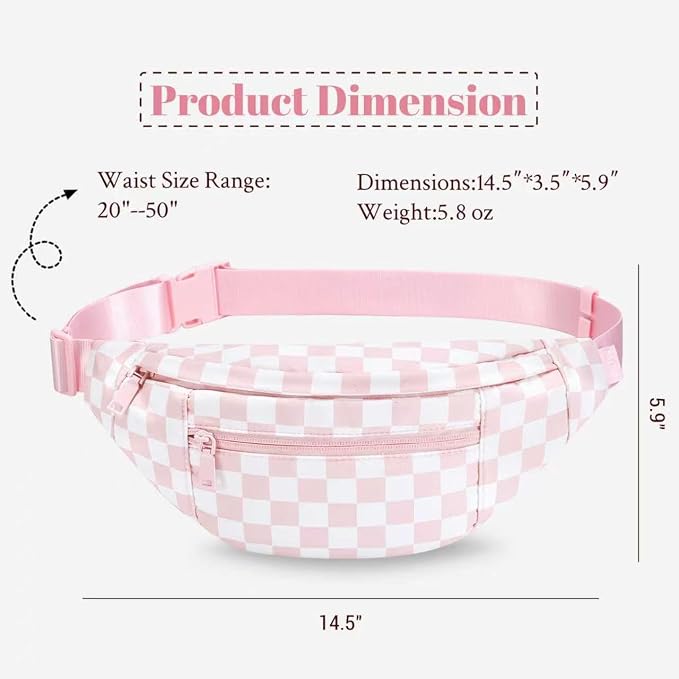 Crossbody Fanny Pack for Women Pink Checkered Bag with 4-Zipper Pockets | Pink and White Checkered, Stylish,Large Capacity,Hands-Free ,Idea for Enjoy Shopping Sports Traveling Running Casual