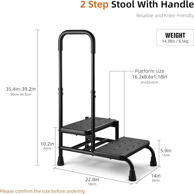 Step Stool with Handle, Non Slip Platform and Adjustable Handrail, Two Step Stool for Ederly, Adults and Handicap, Heavy Duty Foot Stool for High beds, Kitchen, Bathtub