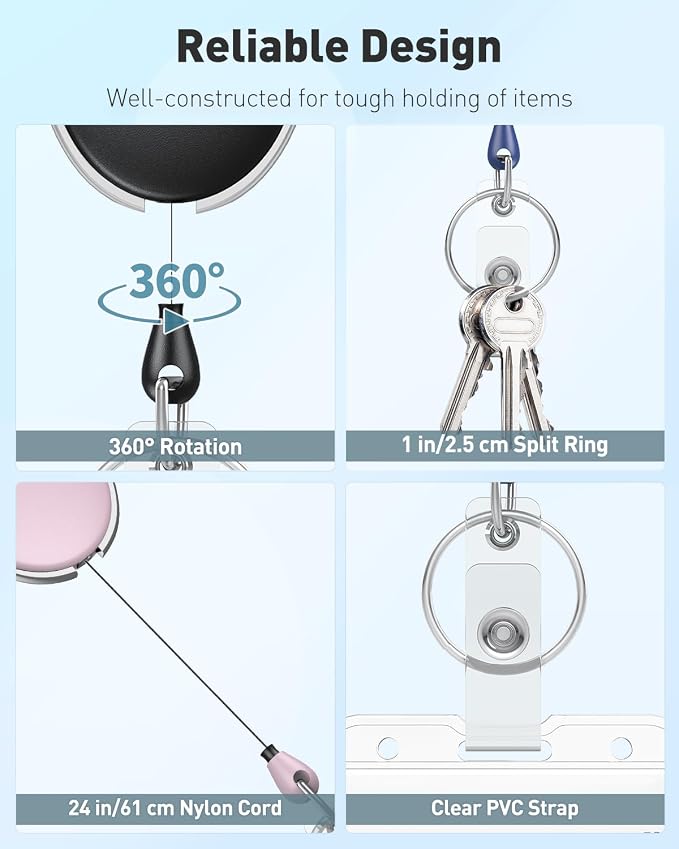 Uniclife 3 Pack Retractable Badge Reel for Badge Holder Pink Blue Black Heavy Duty Retractable Keychain ABS Casing with Stainless Steel Spring Coil 24 Inch Nylon Rope Carabiner Clip and Key Ring