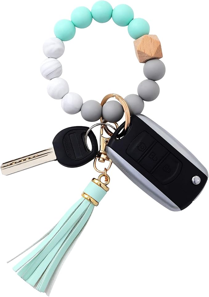 BAOSIWA Silicone Beaded Bracelet Keychain Wristlet Key Ring Bangle Chains for Women with Leather Tassel