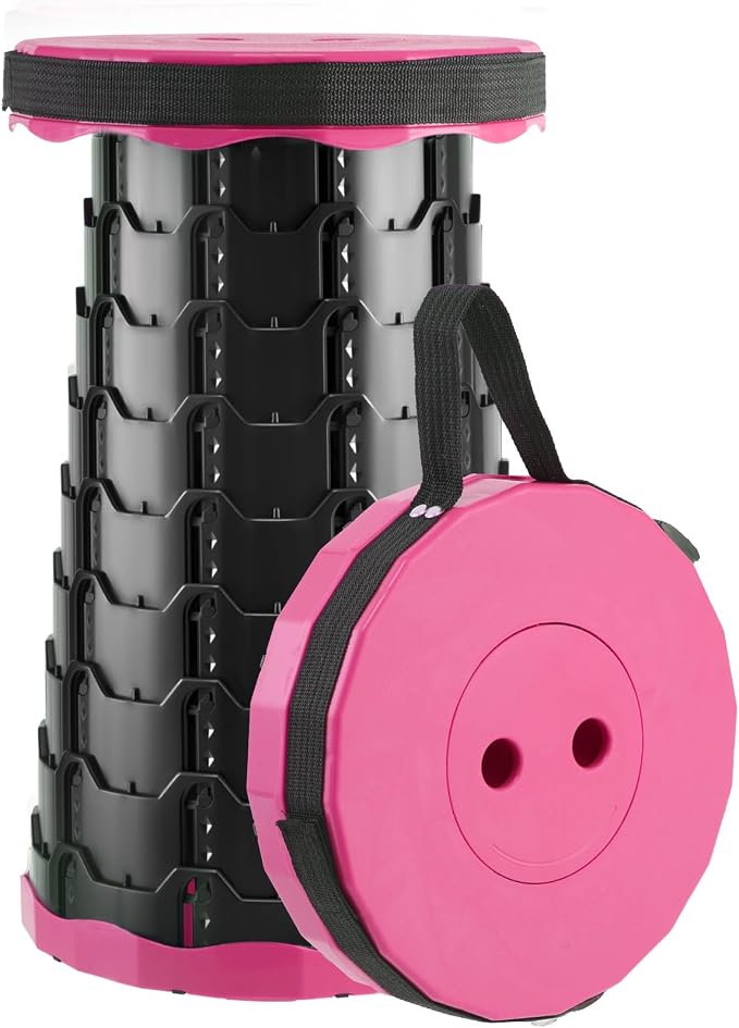 Doseno Collapsible Stool, Portable Stool, Foldable Collapsible Seat, Pink | Retractable foldable stool spans 2.4-17.5 in; portable seat with carry strap for fishing, hiking, camping, BBQ and travel.