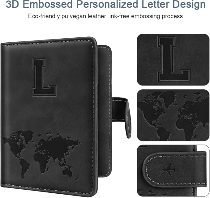 Passport Holder for Travel Essentials Personalized Initial Wallets | Embossed Letter A-Z Design, RFID Blocking, Passport Cover, Passport Book Holders, Men Women, Personalized Gifts, Black-L