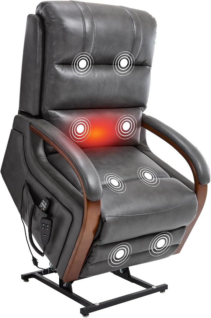 Trustyue Power Lift Recliner Chair, 180° Lay Flat Recliner, Lift Chair with Massage and Heat, Standing Assistance, Infinite Position Reclining, Living Room Chair for Elderly People (Faux Leather Grey)