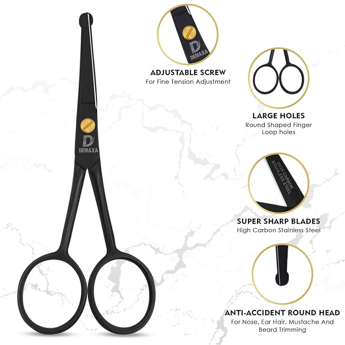 DEMAXA 4.5" Round Tip Safety Mustache Scissors Beard Scissors with 1 Mustache Comb, 1 Beard Comb & Soft Pouch – Best Facial Hair Shears for Beard Mustache Trimming Nose & Ear Hair
