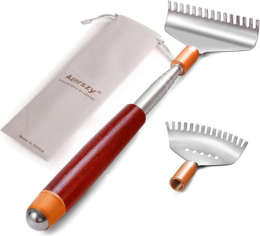 Back Scratcher with Detachable Heads, Metal Backscratchers Extendable for Women Men, Wider Claws/Wooden Handle/Massage Roller, Long Head Body Scratcher Massager