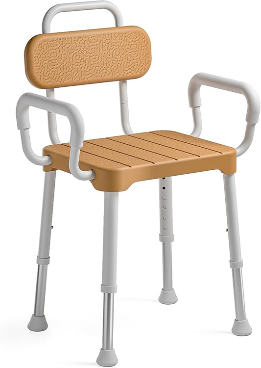Shower Chair for Inside Shower ，Bath Chair with Arms and Back,Aluminum Shower Stool for Tub,Slip Resistant Shower Bench,Height-Adjustable Shower Seat with Padded Handles for Seniors，Brown