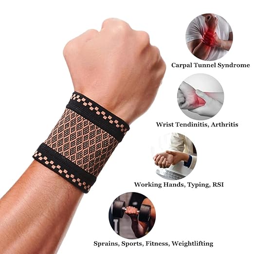 Copper Wrist Compression Brace (2Pcs), Elastic Wrist Support Sleeve Wrist Braces for Tendonitis, Arthritis, Carpal Tunnel Pain Relief, Soft Wrist Wrap Wristbands for Sport, Fitness, Workout, Typing(M)