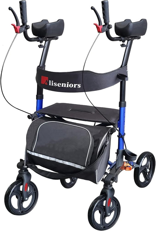 Aliseniors Upright Walker with Seat for Seniors, Extra-Wide Foldable Stand Up Rollator Walker with Padded Armrests, 8" All-Terrain Wheels, Medical Rolling Walkers for Adults, Supports 300lbs, Blue