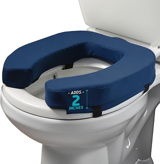 Lunderg Padded Toilet Seat Riser for Seniors - Adds 2 inches. Universal Fit | FIRM Raised Toilet Seat Cushion with High-Density Foam for Enhanced Comfort & Elevation. Post-Surgery Must have (Blue)