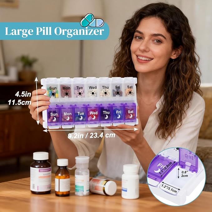 Shintop Am Pm Pill Organizer 7 Day, Weekly Pill Box 2 Times a Day | Easy-Open Push Button, Quick-Fill Top, 14 Large Compartments, BPA-Free PP, Silicone Hinges, Senior- and Arthritis-Friendly