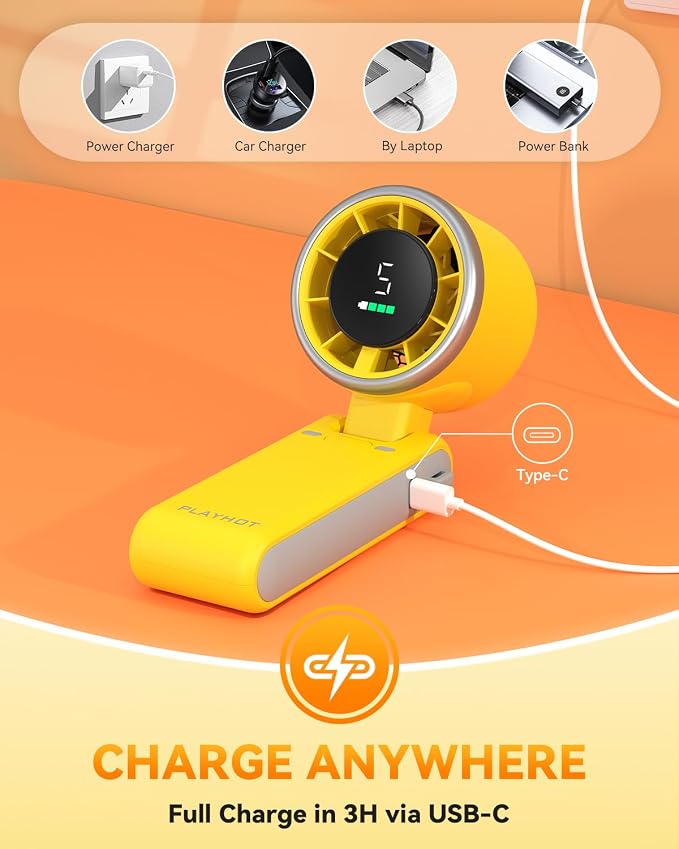 PlayHot Portable Handheld Turbo Fan, Travel Essentials, Gifts for Women/Men | 5-Speed, Up to 12H, 10m/s Airflow, USB-C Rechargeable, LED Display, 3-in-1 Foldable Personal Fan for Cruise, Beach, Vacation