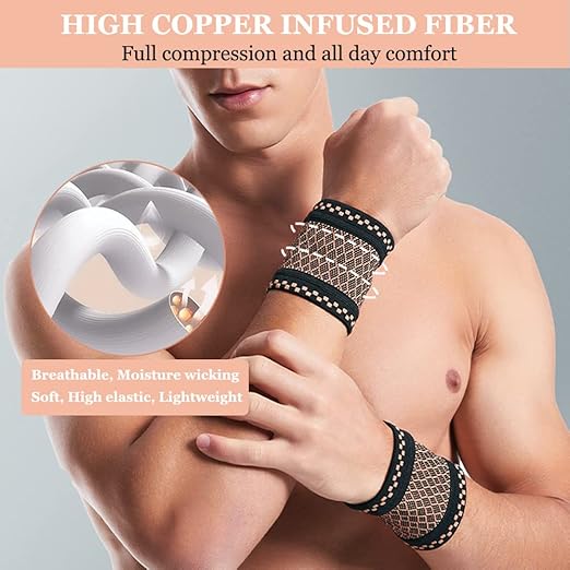 Copper Wrist Compression Brace (2Pcs), Elastic Wrist Support Sleeve Wrist Braces for Tendonitis, Arthritis, Carpal Tunnel Pain Relief, Soft Wrist Wrap Wristbands for Sport, Fitness, Workout, Typing(M)