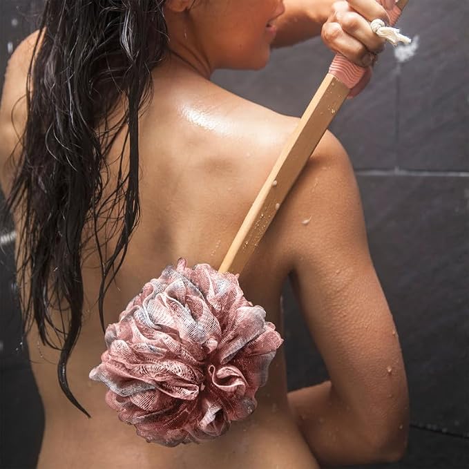 Toem® Loofah Back Scrubber for Shower | Bamboo Charcoal | Long Handle | Luffa & loofa for men & women | Bath sponge | Kit: long-handled scrubber + pouf + hook | Body wash scrub stick | Rose Pink