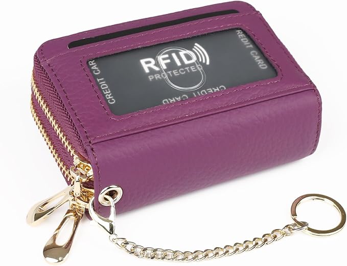 imeetu RFID Credit Card Holder, Small Card Wallet Women, Leather Card Case | Genuine Leather Women's Card & id Cases, Change Coin Purse with Zipper Keychain id Window, 20 Colors & 3 Styles, Daily, Gifts