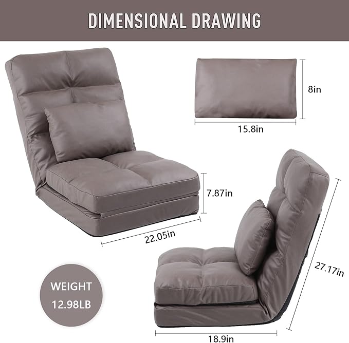 Indoor Chaise Lounge Sofa, Floor Chair with Back Support for Adults, 14 Angle Adjustment Recliner Chair, Folding Floor Lounger with Pillow 8823(Brown-1)