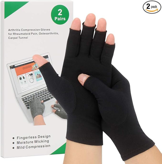2-Pair Arthritis Compression Gloves for Alleviate Rheumatoid Osteoarthritis, Carpal Tunnel Raynauds Disease, Fingerless Design Breathable & Moisture, Women and Men (Black, Medium)
