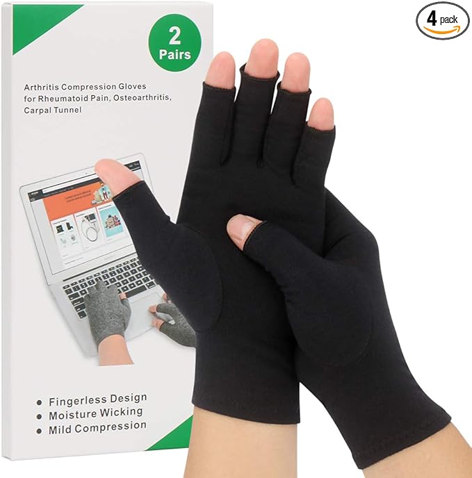 2-Pair Arthritis Compression Gloves for Alleviate Rheumatoid Osteoarthritis, Carpal Tunnel Raynauds Disease, Fingerless Design Breathable & Moisture, Women and Men (Black, Large)