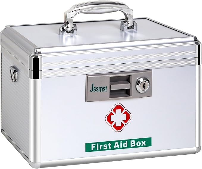 Jssmst Medication Lock Box with Key, Medicine Lock Box for Medication Storage, First Aid Box Locked Medicine Case, Key Safe Locking Box for Drugs Use, 12 x 7.4 x 8.1 inches, Silver