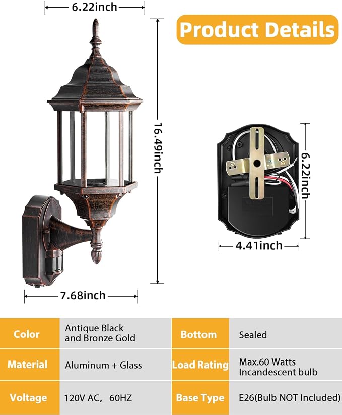 Redluck Motion Sensor Outdoor Lights, 16 inch Dusk to Dawn Outside Porch Lights, Waterproof Anti-Rust Aluminum Outdoor Wall Lights for House, Garage, Front Door, Antique Black and Bronze Gold