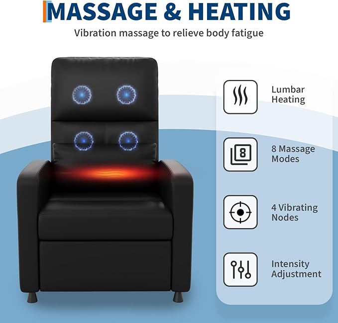 GarveeHome Power Recliner Chair with Massage and Heat, Adjustable Electric Recliner Ergonomic Overstuffed PU Leather Single Sofa, 2 Side Pockets and USB Port, Home Theater Seating for Living Room