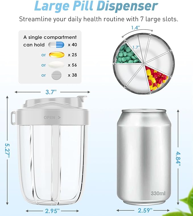 Large Pill Dispenser to Store 7 Various Supplements - Pill Organizer & Supplement Organizer for Travel, Anti-Mixing Design, with Strap & 20 Sticky Labels（Light Gray）