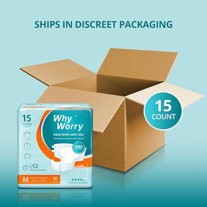 WhyWorry Adult Diapers with Tabs, Maximum Absorbency, Medium, 15 Count | Disposable Incontinence Briefs, for Women & Men, Leak-Proof Diaper, Overnight Protection, Odor Control, Unisex