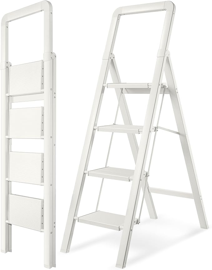 Step Ladders Folding 4-Step White Finish Aluminum Foldable Step Stool,Anti-Slip Portable Sturdy for Home & Kitchen Office 330 lbs