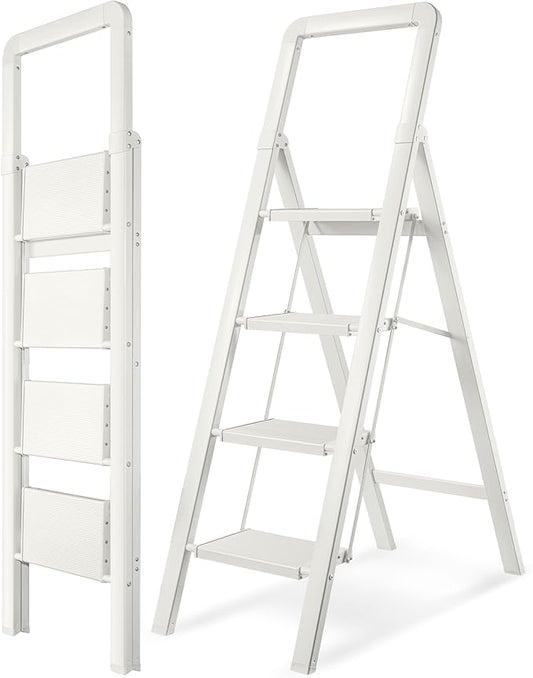 Step Ladders Folding 4-Step White Finish Aluminum Foldable Step Stool,Anti-Slip Portable Sturdy for Home & Kitchen Office 330 lbs