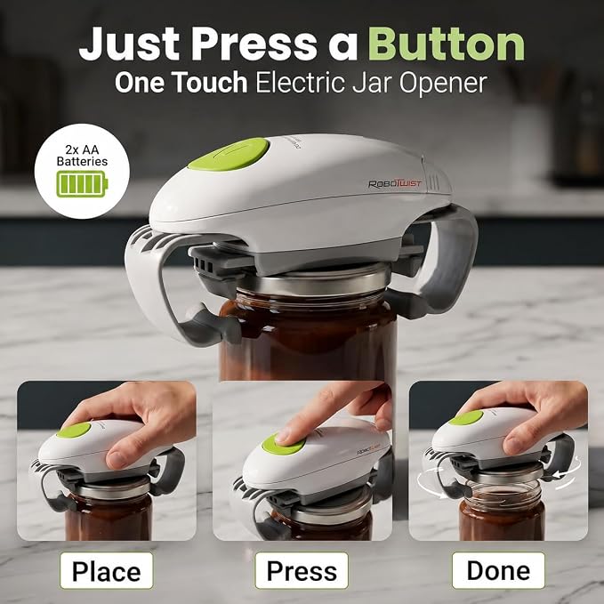 Robotwist Automatic Jar Opener Deluxe Model with Improved Torque | Electric, One Touch Hands Free for Seniors with Arthritis or Weak Hands, Fits All Jars 1.2–3.5 in