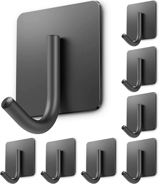 xdgeLoad Adhesive Hooks, Towel Hooks 8 Pack Heavy Duty Adhesive Hooks, Towel Hooks for Bathroom Kitchen Bedroom, Stainless Steel Hook for Hanging - Matte Dark Gray