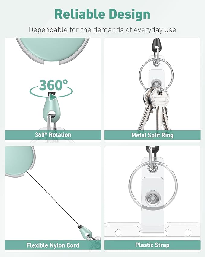 Uniclife 2 Pack Retractable Keychain, Retractable Badge Reel, Heavy Duty Badge Holder Clip for Keys and ID Card, Key Chain Extender with Carabiner Belt Clip and Key Ring, Light Green
