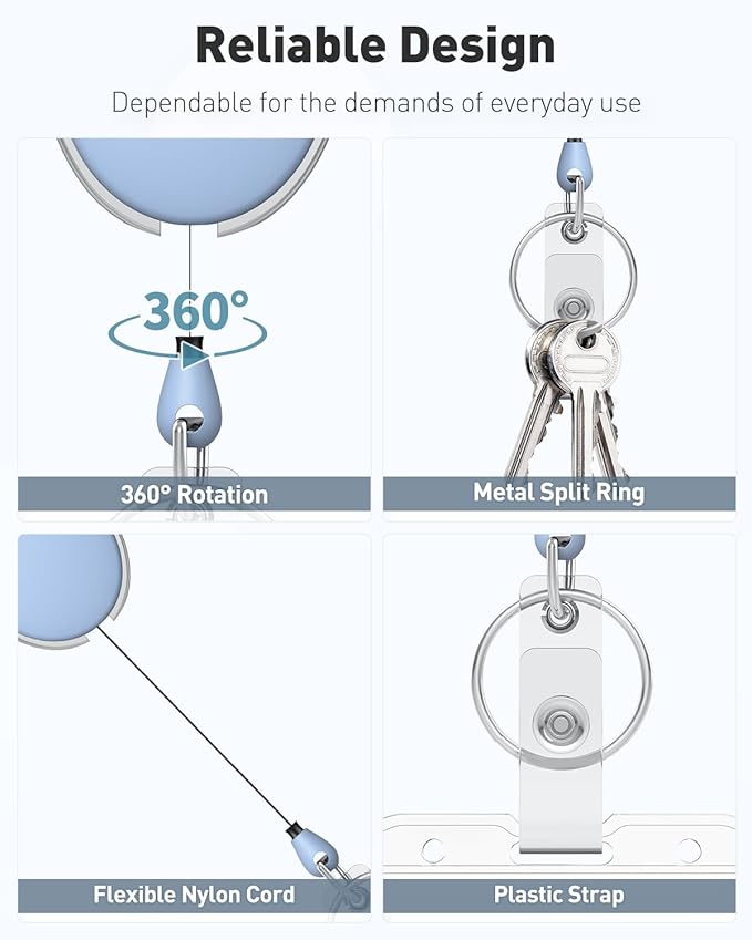 Uniclife 2 Pcs Retractable Badge Reel Keychain Clip Heavy Duty Light Blue | For Badge Holder, Keys and ID Card, Key Card Extender, ID Badge Retractable Cord, with Carabiner Belt Clip and Key Ring